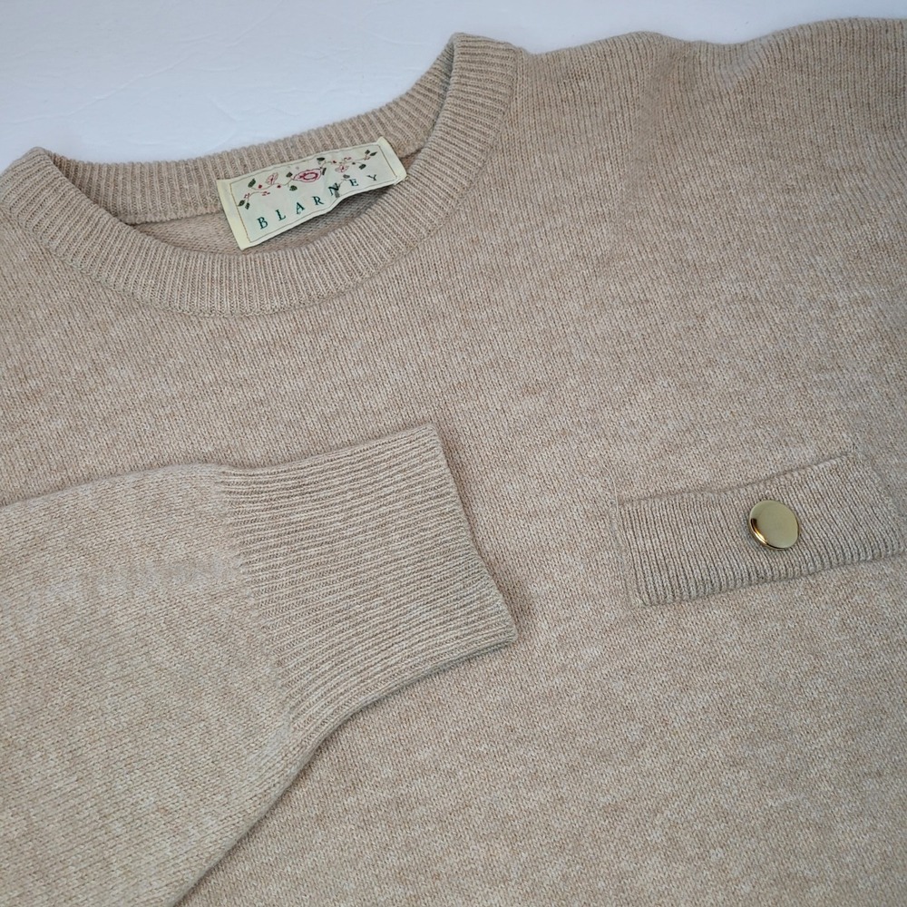 Blarney's Woollen Mills Sweater Sz‎ M 100% Lambs Wool Pocket Tan